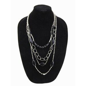Silver Tone Multi Strand Black Bead Layered Statement Necklace Modern Geometric